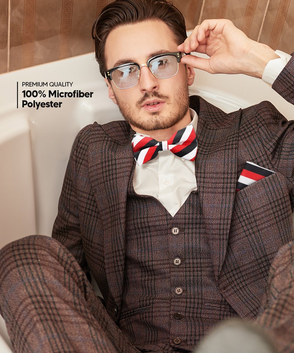 Vittorio Farina Men's Striped Satin Bow Tie & Pocket Square in Gift Box - Suits You Sir - White Red and Black - 