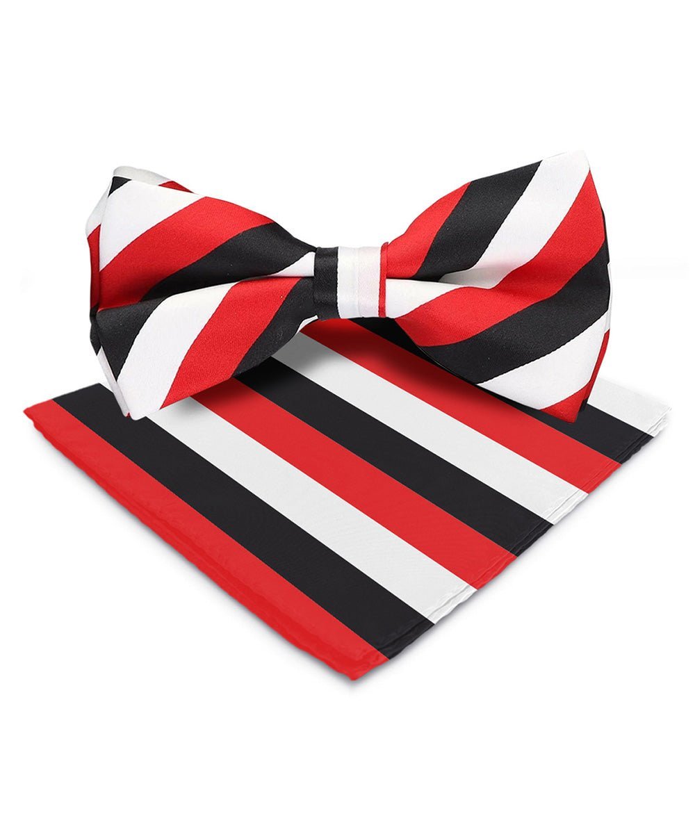 Vittorio Farina Men's Striped Satin Bow Tie & Pocket Square in Gift Box - Suits You Sir - White Red and Black - 