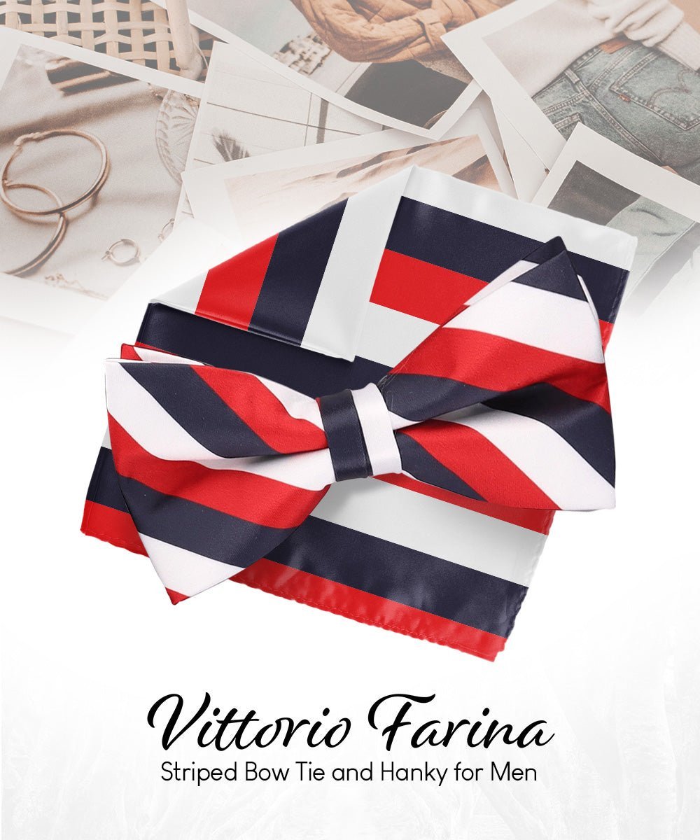 Vittorio Farina Men's Striped Satin Bow Tie & Pocket Square in Gift Box - Suits You Sir - White, Red and Navy Blue - 