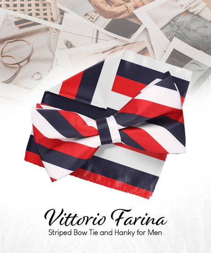 Vittorio Farina Men's Striped Satin Bow Tie & Pocket Square in Gift Box - Suits You Sir - White, Red and Navy Blue - 