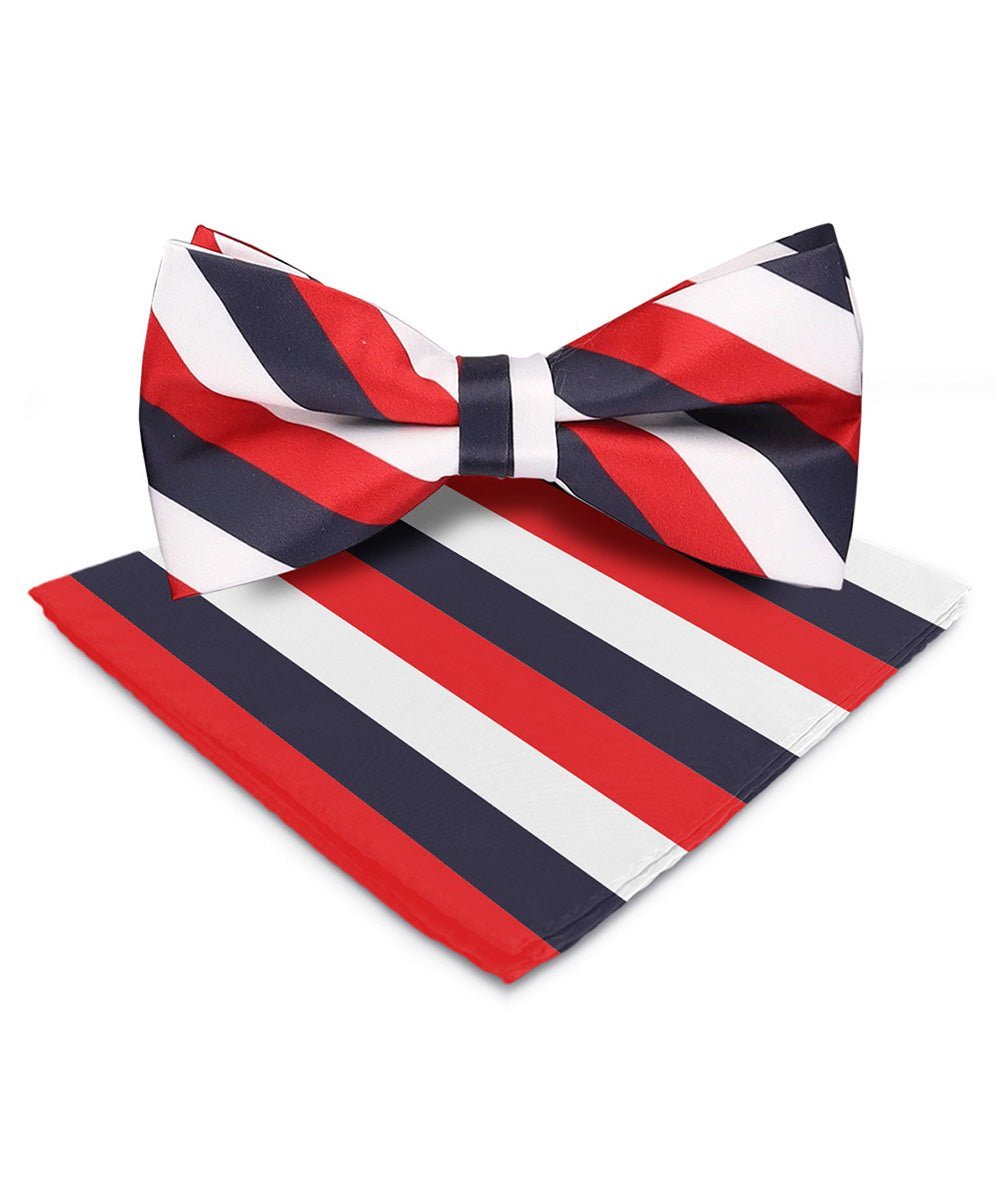 Vittorio Farina Men's Striped Satin Bow Tie & Pocket Square in Gift Box - Suits You Sir - White, Red and Navy Blue - 