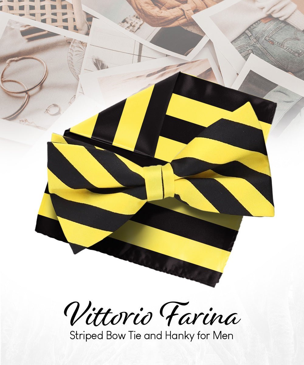 Vittorio Farina Men's Striped Satin Bow Tie & Pocket Square in Gift Box - Suits You Sir - Yellow and Black - 