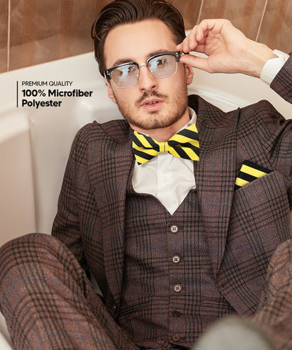 Vittorio Farina Men's Striped Satin Bow Tie & Pocket Square in Gift Box - Suits You Sir - Yellow and Black - 