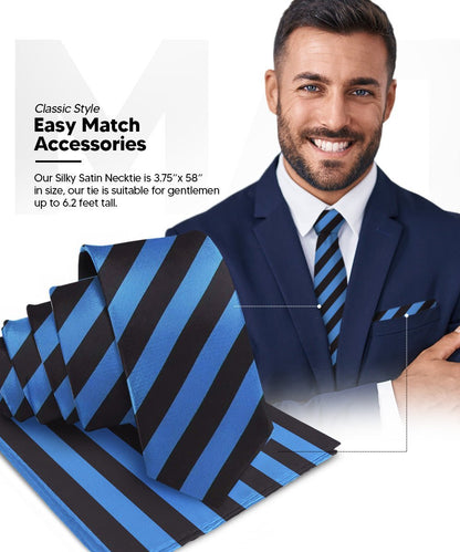 Vittorio Farina Men's Striped Satin Necktie & Pocket Square (Multipack) - Suits You Sir - Navy Blue and White/Royal Blue and Black/Navy Blue, Red and White - 