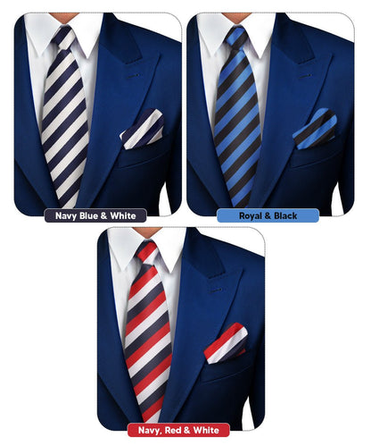 Vittorio Farina Men's Striped Satin Necktie & Pocket Square (Multipack) - Suits You Sir - Navy Blue and White/Royal Blue and Black/Navy Blue, Red and White - 