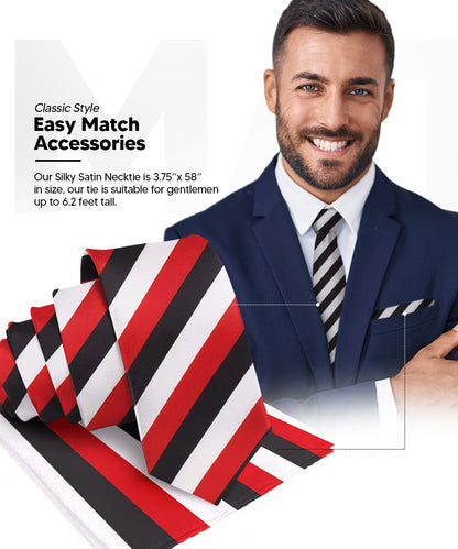 Vittorio Farina Men's Striped Satin Necktie & Pocket Square (Multipack) - Suits You Sir - Red and White/Red and Black/Red, Black and White - 