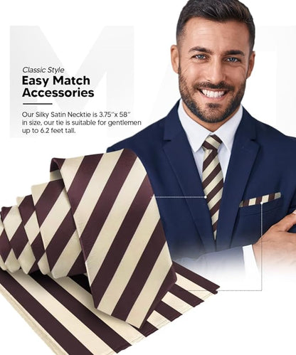 Vittorio Farina Men's Striped Satin Necktie & Pocket Square - Suits You Sir - Beige and Brown - 