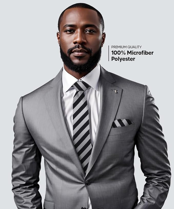 Vittorio Farina Men's Striped Satin Necktie & Pocket Square - Suits You Sir - Black and Gray - 