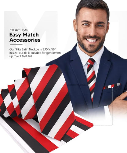 Vittorio Farina Men's Striped Satin Necktie & Pocket Square - Suits You Sir - Black, White and Red - 