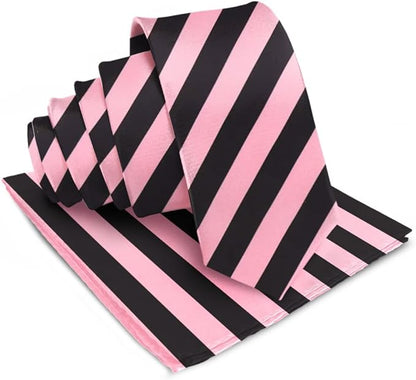 Vittorio Farina Men's Striped Satin Necktie & Pocket Square - Suits You Sir - Bubblegum Pink and Black - 