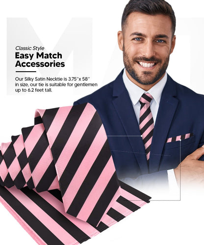 Vittorio Farina Men's Striped Satin Necktie & Pocket Square - Suits You Sir - Bubblegum Pink and Black - 