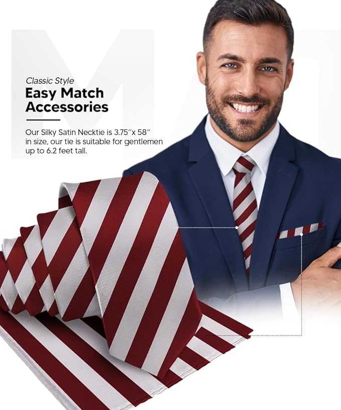 Vittorio Farina Men's Striped Satin Necktie & Pocket Square - Suits You Sir - Burgundy and Gray - 