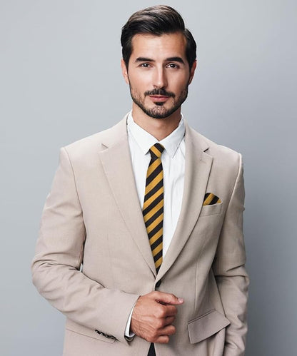 Vittorio Farina Men's Striped Satin Necktie & Pocket Square - Suits You Sir - Gold and Black - 