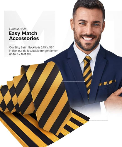 Vittorio Farina Men's Striped Satin Necktie & Pocket Square - Suits You Sir - Gold and Black - 
