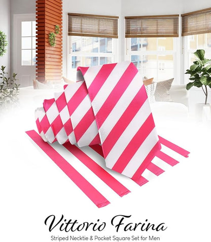 Vittorio Farina Men's Striped Satin Necktie & Pocket Square - Suits You Sir - Hot Pink and White - 