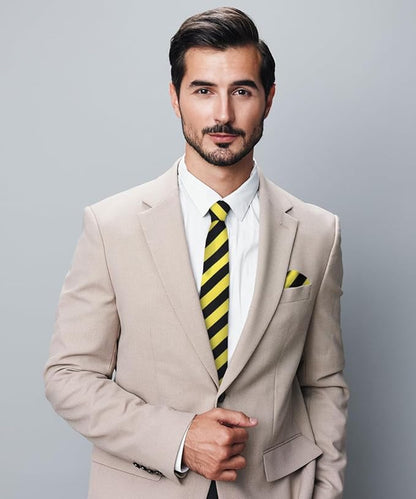 Vittorio Farina Men's Striped Satin Necktie & Pocket Square - Suits You Sir - Lemon and Black - 
