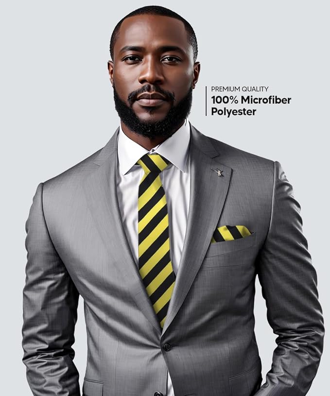 Vittorio Farina Men's Striped Satin Necktie & Pocket Square - Suits You Sir - Lemon and Black - 