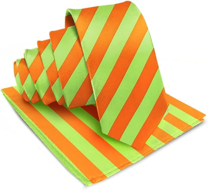 Vittorio Farina Men's Striped Satin Necktie & Pocket Square - Suits You Sir - Lime Green and Orange - 