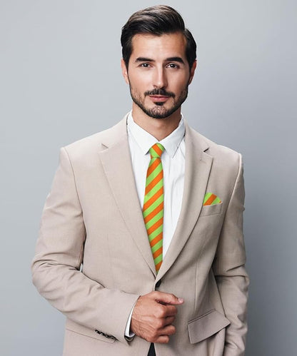 Vittorio Farina Men's Striped Satin Necktie & Pocket Square - Suits You Sir - Lime Green and Orange - 