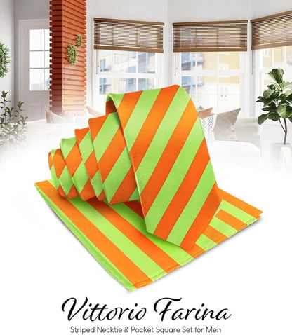 Vittorio Farina Men's Striped Satin Necktie & Pocket Square - Suits You Sir - Lime Green and Orange - 