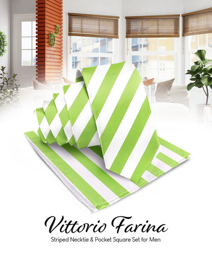 Vittorio Farina Men's Striped Satin Necktie & Pocket Square - Suits You Sir - Lime Green and White - 