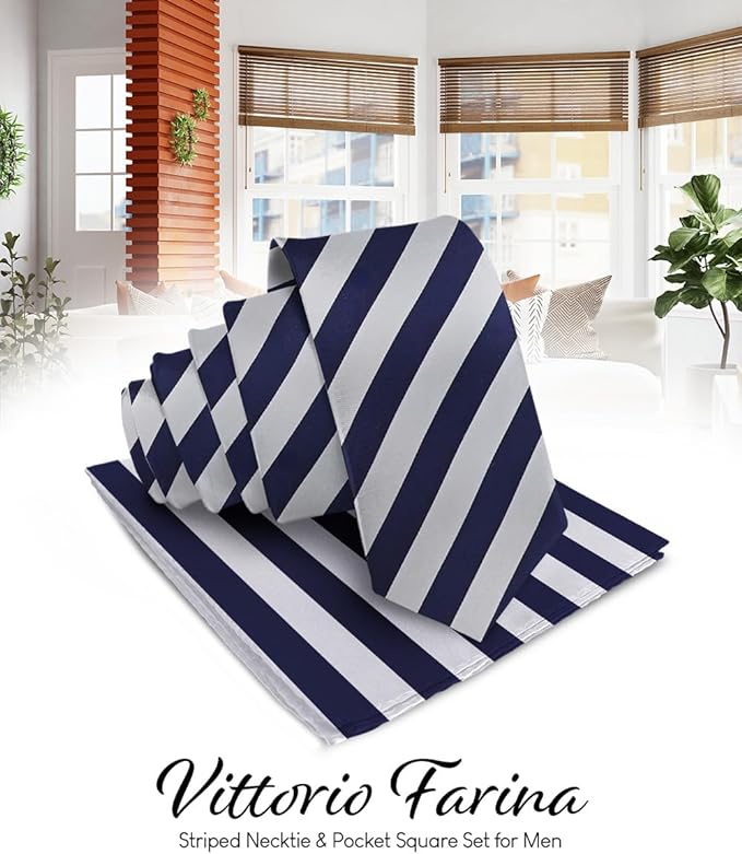 Vittorio Farina Men's Striped Satin Necktie & Pocket Square - Suits You Sir - Navy Blue and Gray - 