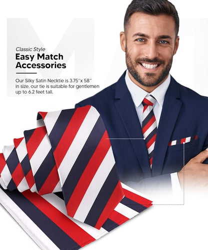 Vittorio Farina Men's Striped Satin Necktie & Pocket Square - Suits You Sir - Navy Blue, Red and White - 