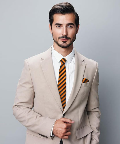 Vittorio Farina Men's Striped Satin Necktie & Pocket Square - Suits You Sir - Orange and Black - 