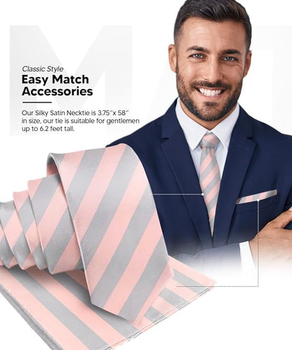 Vittorio Farina Men's Striped Satin Necktie & Pocket Square - Suits You Sir - Pink and Gray - 