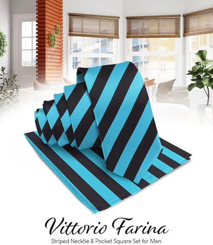 Vittorio Farina Men's Striped Satin Necktie & Pocket Square - Suits You Sir - Turquoise and Black - 