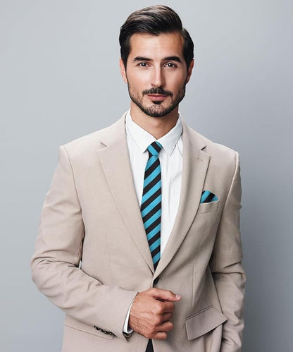 Vittorio Farina Men's Striped Satin Necktie & Pocket Square - Suits You Sir - Turquoise and Black - 