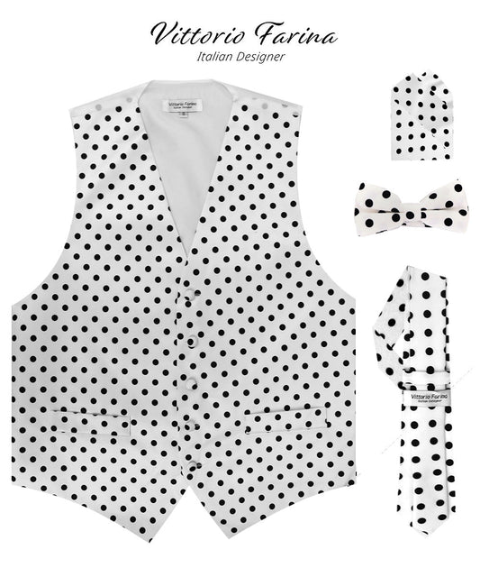 Vittorio Farina Men's White and Black Dot Polka Dot Vest, Necktie, Bow Tie and Pocket Square Set - Suits You Sir - White and Black - S