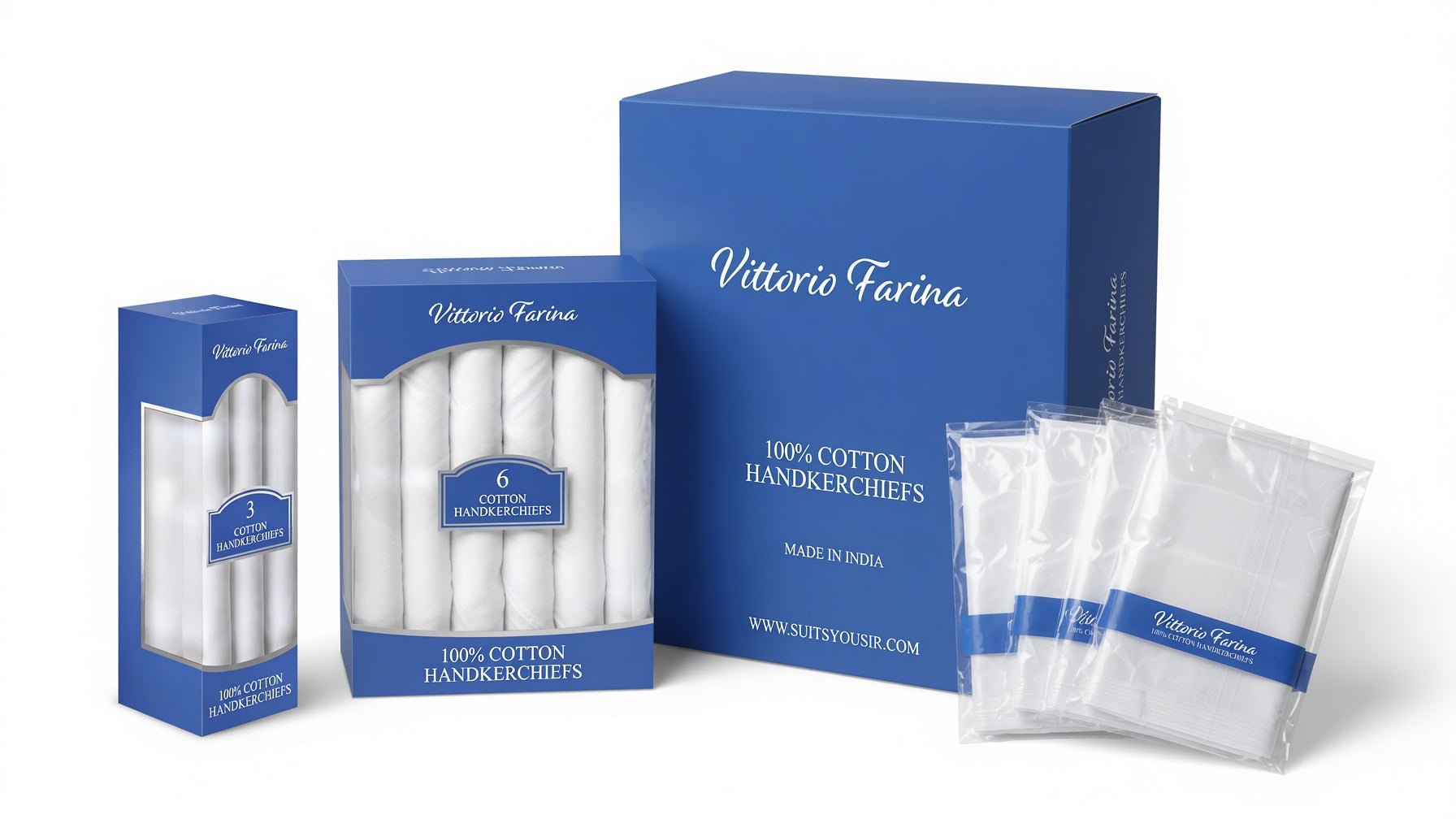 Vittorio Farina Men's White Cotton Handkerchiefs in Gift Box: 3, 6 & 12 Pack - 3 -