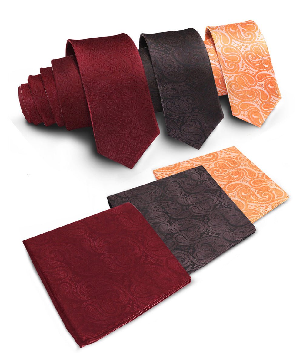 Vittorio Farina Men's Woven Paisley Necktie and Pocket Square (Multipack) - Suits You Sir - Burgundy/Brown/Burnt Orange - 