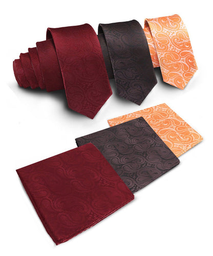 Vittorio Farina Men's Woven Paisley Necktie and Pocket Square (Multipack) - Suits You Sir - Burgundy/Brown/Burnt Orange - 