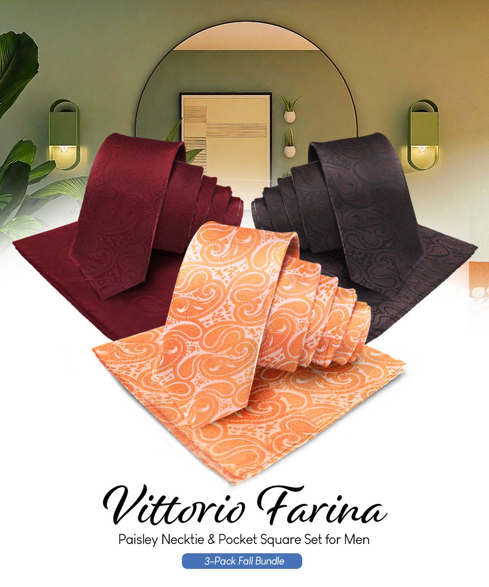 Vittorio Farina Men's Woven Paisley Necktie and Pocket Square (Multipack) - Suits You Sir - Burgundy/Brown/Burnt Orange - 