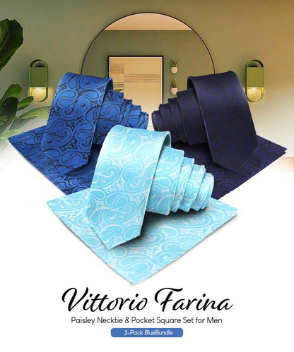 Vittorio Farina Men's Woven Paisley Necktie and Pocket Square (Multipack) - Suits You Sir - Navy Blue/Royal Blue/Turquoise - 
