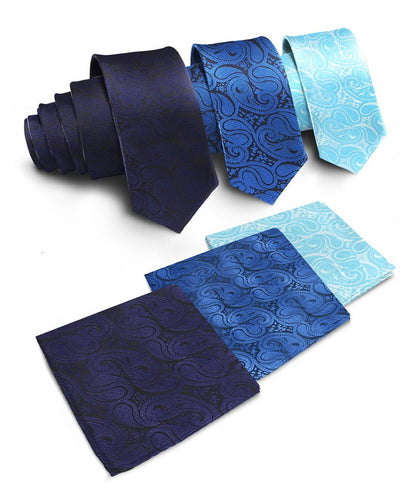 Vittorio Farina Men's Woven Paisley Necktie and Pocket Square (Multipack) - Suits You Sir - Navy Blue/Royal Blue/Turquoise - 