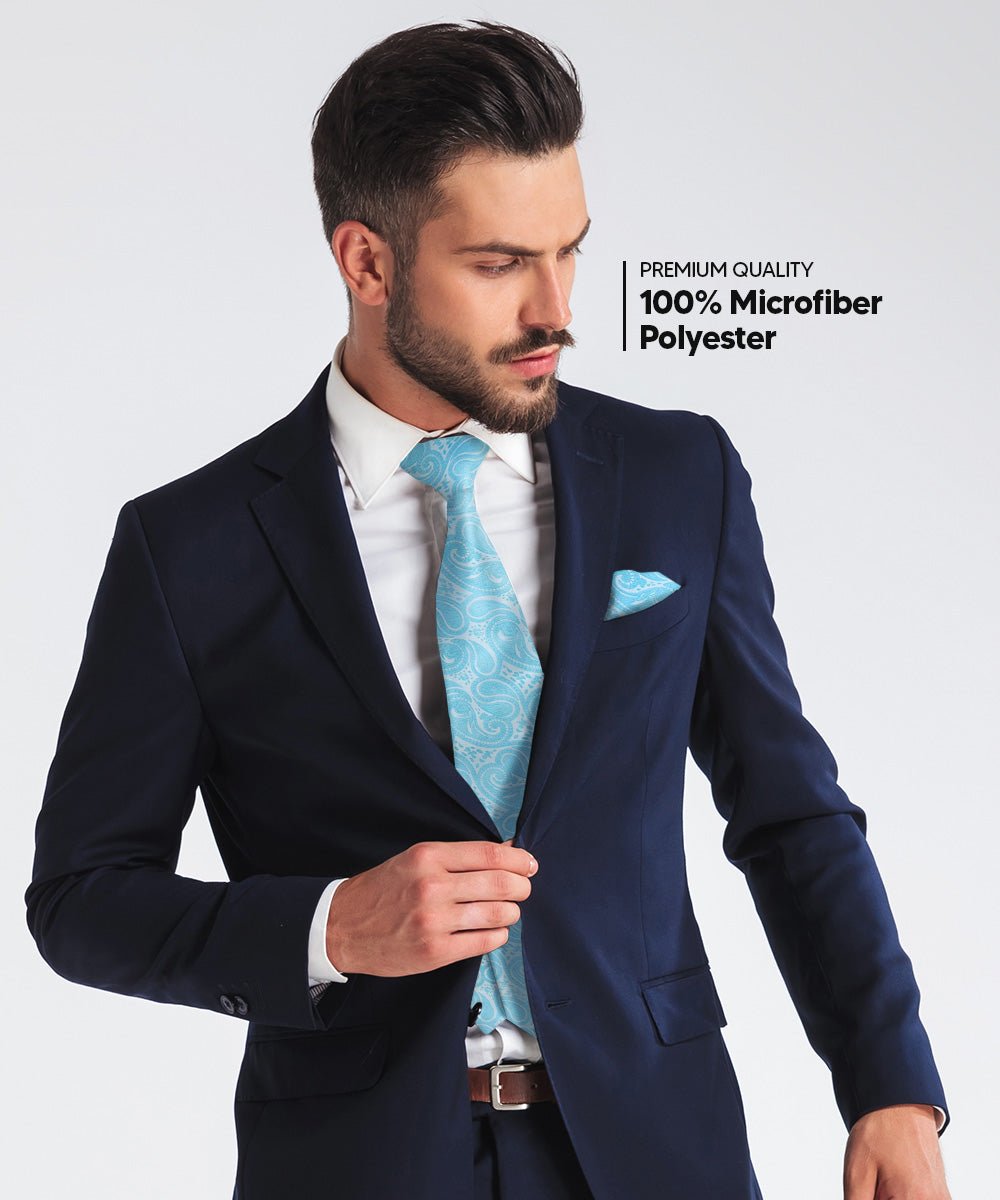 Vittorio Farina Men's Woven Paisley Necktie and Pocket Square (Multipack) - Suits You Sir - Navy Blue/Royal Blue/Turquoise - 