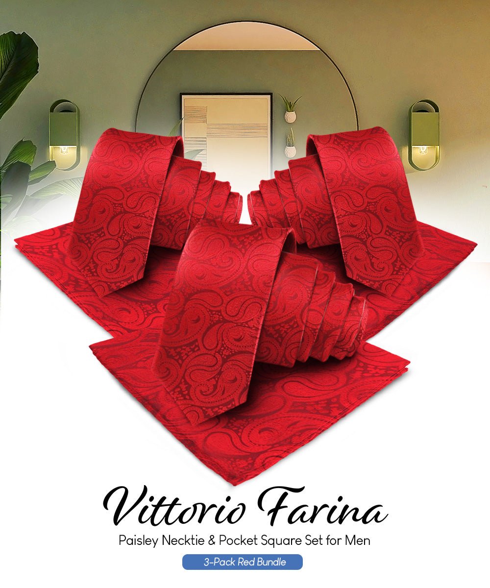 Vittorio Farina Men's Woven Paisley Necktie and Pocket Square (Multipack) - Suits You Sir - Red - 