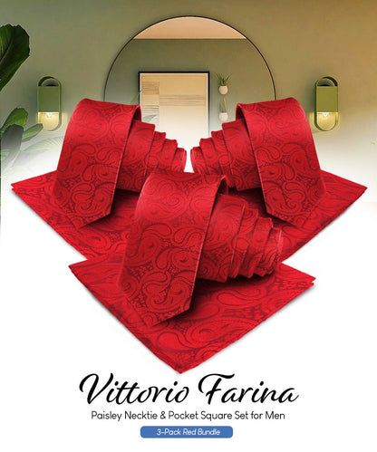 Vittorio Farina Men's Woven Paisley Necktie and Pocket Square (Multipack) - Suits You Sir - Red - 