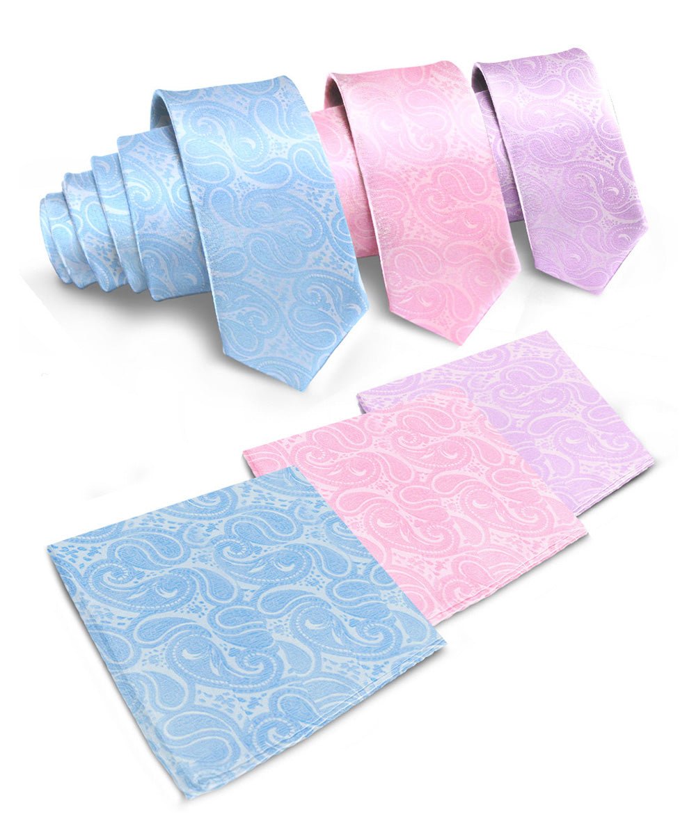 Vittorio Farina Men's Woven Paisley Necktie and Pocket Square (Multipack) - Suits You Sir - Sky Blue/Pink/Lavender - 