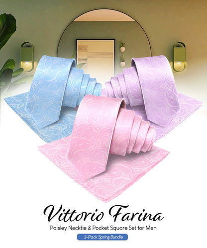 Vittorio Farina Men's Woven Paisley Necktie and Pocket Square (Multipack) - Suits You Sir - Sky Blue/Pink/Lavender - 