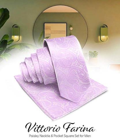 Vittorio Farina Men's Woven Paisley Necktie & Pocket Square - Suits You Sir - Lavender - 
