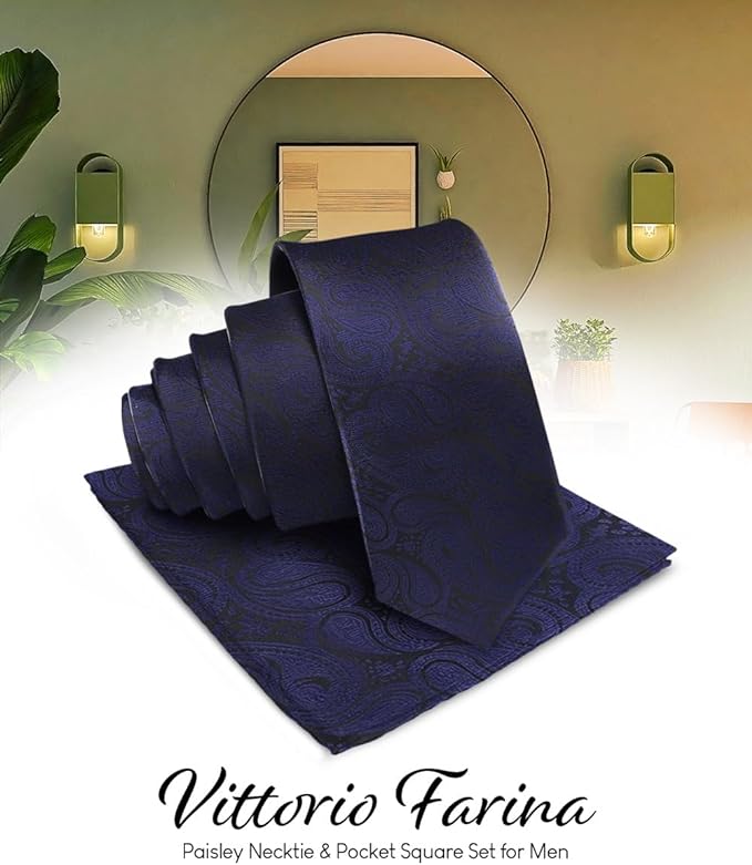 Vittorio Farina Men's Woven Paisley Necktie & Pocket Square - Suits You Sir - Navy Blue - 