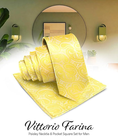 Vittorio Farina Men's Woven Paisley Necktie & Pocket Square - Suits You Sir - Yellow - 
