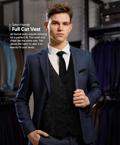 Vittorio Farina Men's Woven Paisley Vest, Necktie, Bow Tie and Pocket Square Set (Black Back) - Suits You Sir - Black - XS