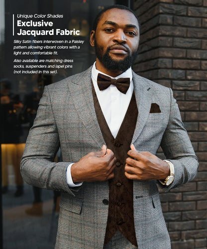 Vittorio Farina Men's Woven Paisley Vest, Necktie, Bow Tie and Pocket Square Set (Black Back) - Suits You Sir - Brown - XS