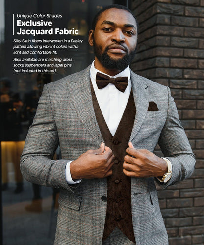 Vittorio Farina Men's Woven Paisley Vest, Necktie, Bow Tie and Pocket Square Set (Black Back) - Suits You Sir - Brown - XS
