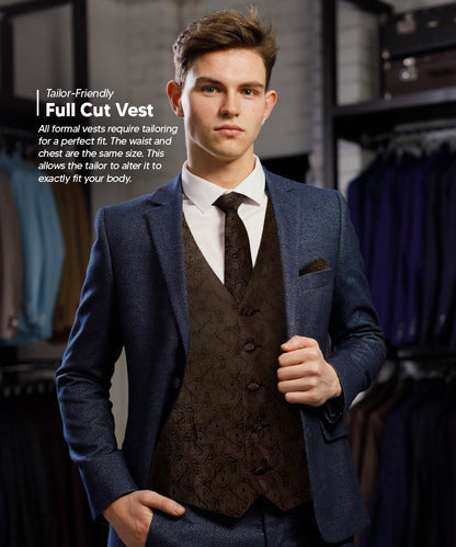 Vittorio Farina Men's Woven Paisley Vest, Necktie, Bow Tie and Pocket Square Set (Black Back) - Suits You Sir - Brown - XS